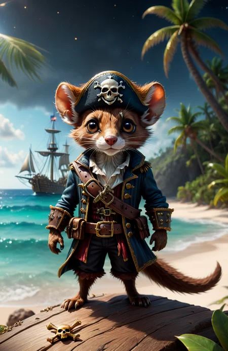 highly detailed portrait of a sly weasel pirate, in pirate clothing, (fur:1.5), (holding a dagger:1.3), magical, bright tropical beach, ocean, sailing ship background, (shallow depth of field:1.4), foliage, global illumination, radiant light, detailed and intricate environment #cinematic, light shafts, dust motes <lora:FaeTastic:0.6> sparkles, (Extremely Detailed Oil Painting:1.2), glow effects, godrays, Hand drawn, render, 8k, octane render, cinema 4d, blender, dark, atmospheric 4k ultra detailed, cinematic sensual, Sharp focus, humorous illustration, big depth of field, Masterpiece, colors, 3d octane render, 4k, concept art, trending on artstation, hyperrealistic, Vivid colors, extremely detailed CG unity 8k wallpaper, trending on ArtStation, trending on CGSociety, Intricate, High Detail, dramatic