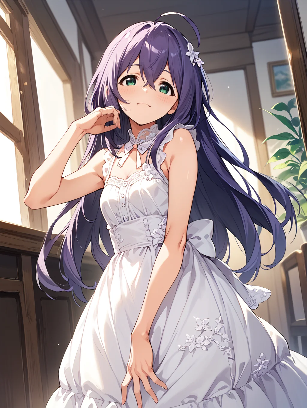 score_9,score_8_up,score_7_up,
official art,official style,game cg,megami magazine,
uncensored,
1girl,solo,
mochizuki anna,purple hair,green eyes,ahoge,long hair,
dress,white dress,sleeveless dress,
<lora:idolmaster_mochizuki_anna_pony_v1.1-000006:1>,