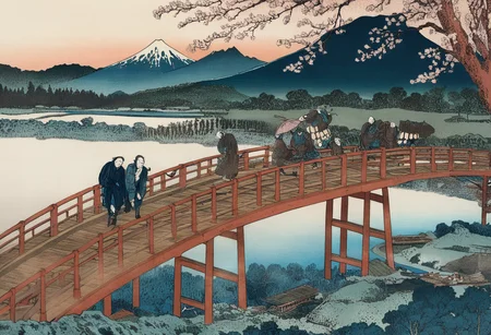 panoramic scenery, cherry tree, wooden bridge, river, mount fuji, people, (best quality), woodcuts, highly detailed, KHsty-XL<lora:KHsty-XL-v3-AN:0.7>