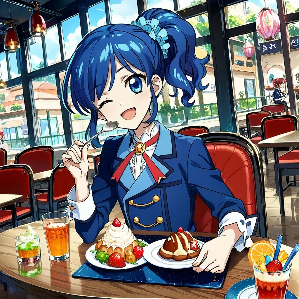 score_9, score_8_up,score_7_up,game cg,official art, uncensored, convenient censoring, covering privates,
rating_safe,
modeling, expressive hair, expressive clothes, dutch angle,wind
parfait,holding spoon, happy,dessert, one eye closed,
restaurant, pov across table, chair,sitting,upper body,
kiriya aoi, blue hair, side ponytail, long hair,hair scrunchie, blue scrunchie, , <lora:aoinesan:0.8>,starlight academy school uniform,,blue jacket,