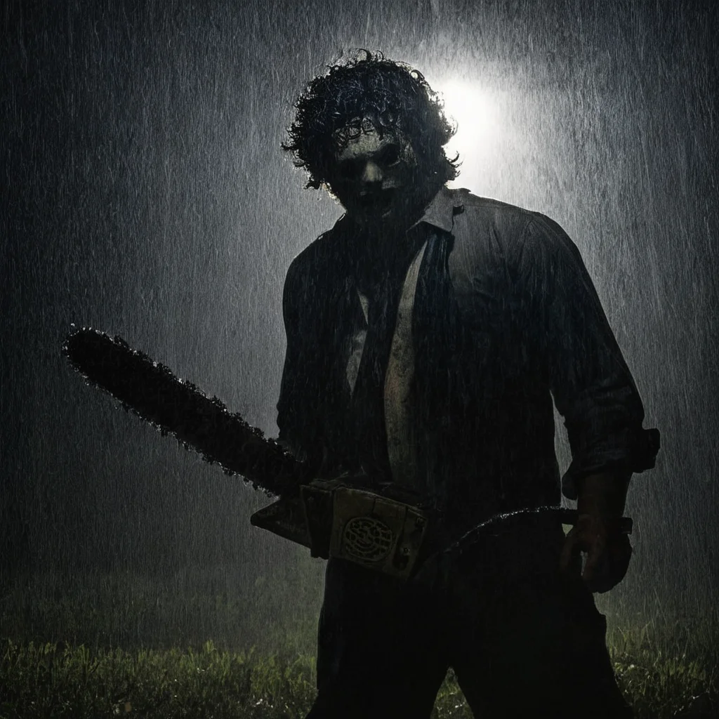 Horror-themed, <lora:Leatherface:1>
Leatherface a man walking in the rain with a gun,The Texas Chain Saw Massacre style,solo,1boy,hat,holding,standing,weapon,male focus,from behind,holding weapon,gun,night,holding gun,walking,silhouette , realistic, sharp, detailed, classic, 1970's, horror, photography, artistic, perfect chainsaw, crazy, Eerie, unsettling, dark, spooky, suspenseful, grim, highly detailed