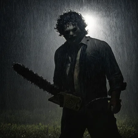 Horror-themed, <lora:Leatherface:1>
Leatherface a man walking in the rain with a gun,The Texas Chain Saw Massacre style,solo,1boy,hat,holding,standing,weapon,male focus,from behind,holding weapon,gun,night,holding gun,walking,silhouette , realistic, sharp, detailed, classic, 1970's, horror, photography, artistic, perfect chainsaw, crazy, Eerie, unsettling, dark, spooky, suspenseful, grim, highly detailed