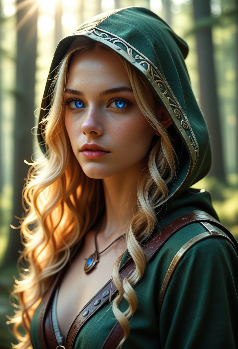 masterpiece, best quality, highres, realistic,)) 
score_9, score_8_up, score_7_up, 
A female warrior elf, pointed ears, hood on her head, sword on her back. The warrior elf stands in a sunlit forest clearing, detailed background, trees visible, sun visible, detailed face, detailed eyes, long blond wavy hair,