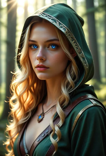 masterpiece, best quality, highres, realistic,))
score_9, score_8_up, score_7_up,
A female warrior elf, pointed ears, hood on her head, sword on her back. The warrior elf stands in a sunlit forest clearing, detailed background, trees visible, sun visible, detailed face, detailed eyes, long blond wavy hair,