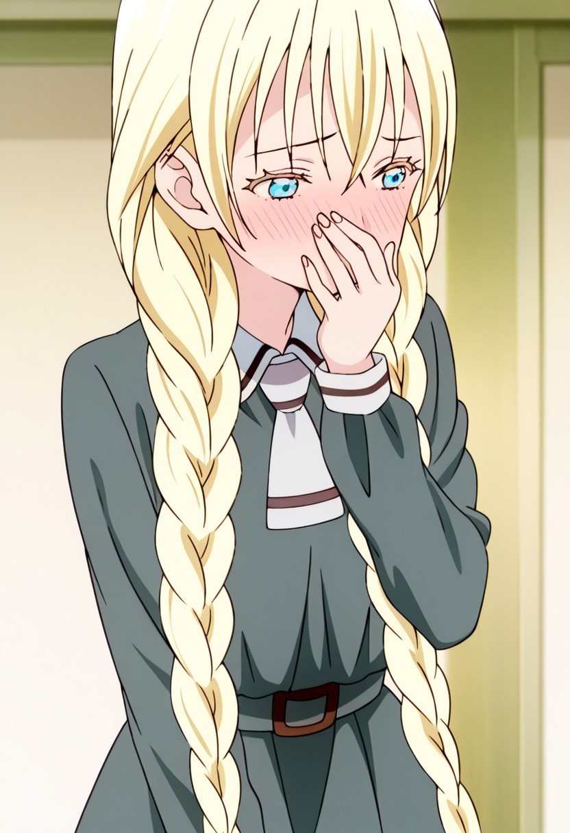 best quality, masterpiece, anime screencap, anime coloring, ultra detailed, source_anime, intricate details, perfect anatomy, 
olivia, 1girl, solo, long hair, blonde hair, blue eyes, bangs, braid, twin braids, blue eyes, blush, covering mouth, hand over own mouth, 
dress, belt, grey dress, ties, short ties, collars, long sleeves, school uniform,