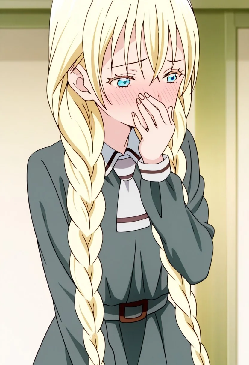 best quality, masterpiece, anime screencap, anime coloring, ultra detailed, source_anime, intricate details, perfect anatomy,
olivia, 1girl, solo, long hair, blonde hair, blue eyes, bangs, braid, twin braids, blue eyes, blush, covering mouth, hand over own mouth,
dress, belt, grey dress, ties, short ties, collars, long sleeves, school uniform,