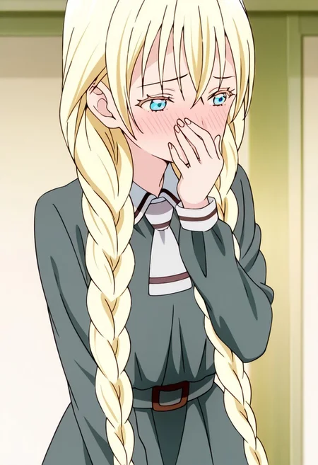 best quality, masterpiece, anime screencap, anime coloring, ultra detailed, source_anime, intricate details, perfect anatomy,
olivia, 1girl, solo, long hair, blonde hair, blue eyes, bangs, braid, twin braids, blue eyes, blush, covering mouth, hand over own mouth,
dress, belt, grey dress, ties, short ties, collars, long sleeves, school uniform,
