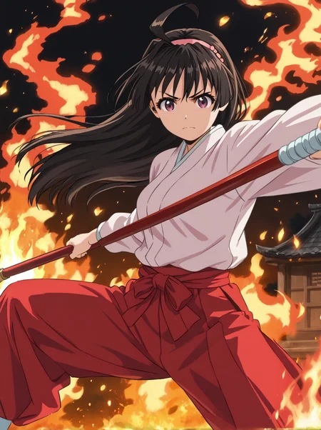 detailed background, shiny skin,  posing, 
<lora:ayako.pony:1>
ayako, 
medium breasts, 
holding weapon, polearm, 
fight stance, bent, fire, burning houses,