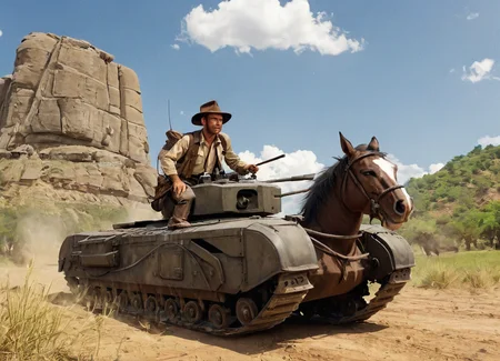 <lora:Churchill_Tank_SDXL_v2:0.7>
<lora:Web_Cartoon:1>
cinematic movie scene where indiana jones is riding his horse next to a tank chrchltnk