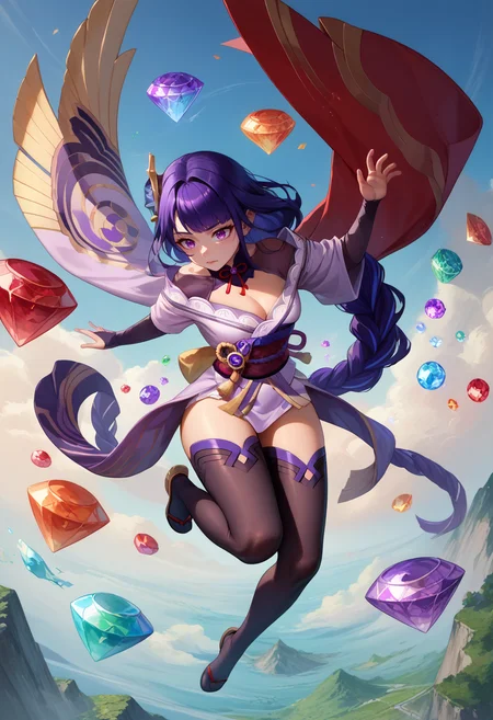 score_9, score_8_up, score_7_up, chaoes emerald, gemstone, gem, red gemstone, gemstones, green gemstone, blue gemstone, <lora:ChaosEmeraldSurrounded_pdxl_Incrs_v1:1>, 1girl, raiden shogun, flying, air, thighhighs,