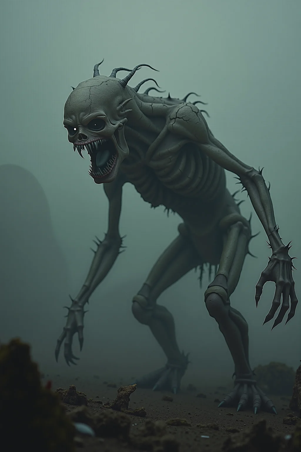 deeply obscured by sinister shadows, A grotesque monstrosity with elongated, jagged fangs protruding from its gaping maw, hollow, eyes that seem to pierce through the darkness. Its twisted, decayed skin stretches tightly over a skeletal frame, veins bulging beneath the surface. The creature lurks in a desolate, fog-shrouded wasteland, its hunched posture and grotesque limbs twitching with unnatural movements as it prowls the eerie landscape.