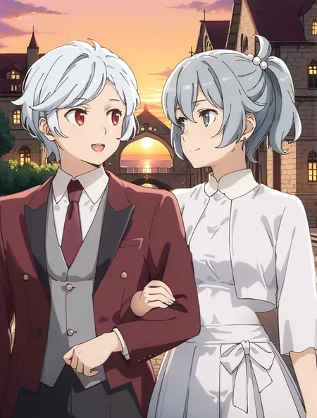 score_9,score_8_up,score_7_up,masterpiece, best quality, <lora:WHM 0.2v:0.5>, WHM, 2D,anime,
red eyes male and grey eyes female,
<lora:Locked_Arms:1>, locked arms, looking at another,
medieval town , fantasy,dungeon ni deai wo motomeru no wa machigatteiru darou ka style,
outdoors, street, church background,sunset,lake,
BREAK
looking at another,upper body,arm down,locked arms,
outdoors, street, church background,sunset,lake,
<lora:bell01:0.7>, bell01,
<lora:Bell_Cranel_r2:0.1> belcranel,
shirt, red eyes, white hair, red necktie, formal,black pants, red Tuxedo,open mouth, happy,
grey inner vest, suit,,lake,
BREAK
looking at another,upper body, locked arms,
outdoors, street, church background,sunset,
<lora:DanMachi_SyrFlovaXL:0.7> short hair, short ponytail, grey hair, grey eyes, hair between eyes, hair bobbles, earrings, SyrDate, cropped jacket, white jacket, collared shirt, (white shirt), long sleeves, bow skirt, pleated skirt, white skirt, white bow , thigh gap, shoes, light smile, navel covered,Waist-covering,