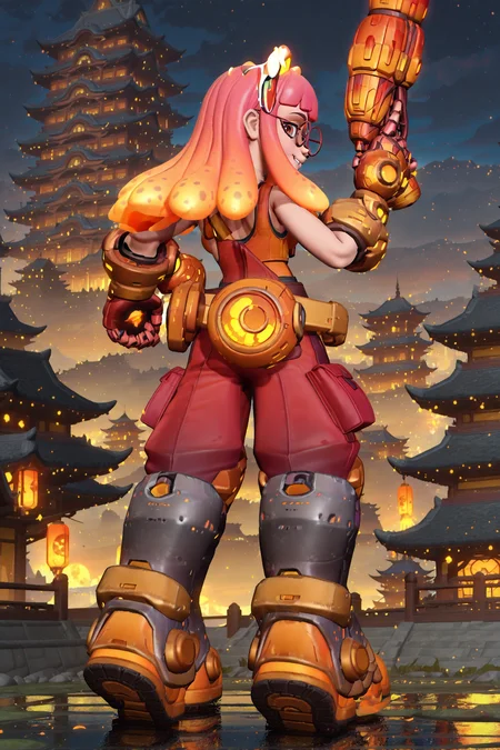 anime screencap, anime coloring, detailed face, masterpiece, best quality, very aesthetic, absurdres, volumetric lighting, official style, amazing quality, ultra detailed, highres, amazing quality, scenery, beautiful detailed hair, beautiful detailed eyes,
<lora:StS-Illustrious-Detail-Slider-v1.0:4>
outside, architecture,
<lora:Sindri_T3_Arena:1>
Sindri (character), 1girl, tentacle hair, glasses, pink hair, weapon, solo, multicolored hair, full body, gradient hair, from behind, boots, gun, holding weapon, orange hair, holding, looking back at the viewer, grin