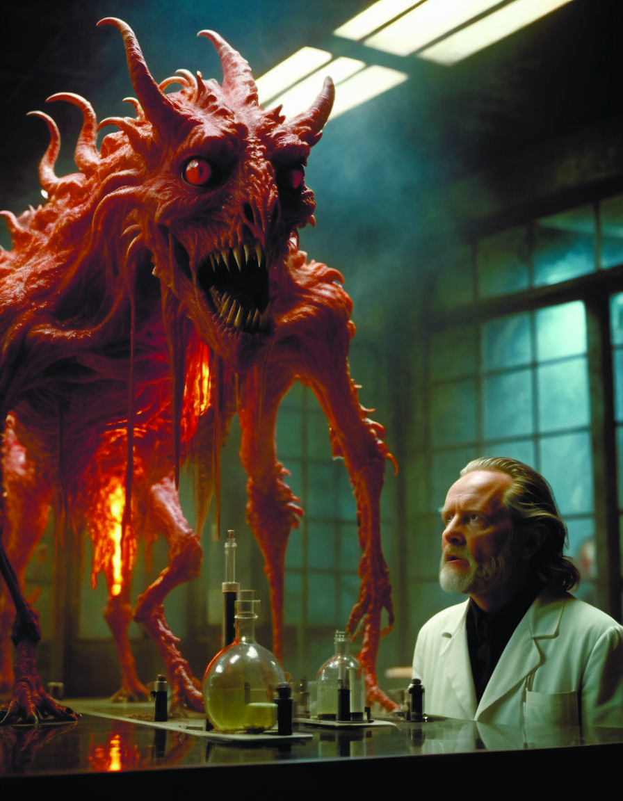 bizarre whimsical uncanny bestiary of repressed unconscious emotional monsters and creatures in a fiery alchemicla lab <lora:fx-monsters-xl-meatsack:0.8> by Director Ridley Scott style <lora:Director Ridley Scott style:0.7>