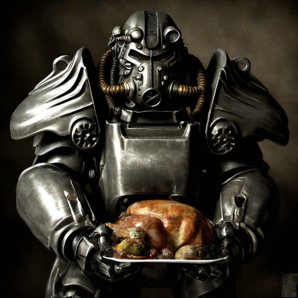 masterpice,high quaity,portrait,
 <lora:PE_PowerArmor:1> PEPowerArmor,
eating a turkey