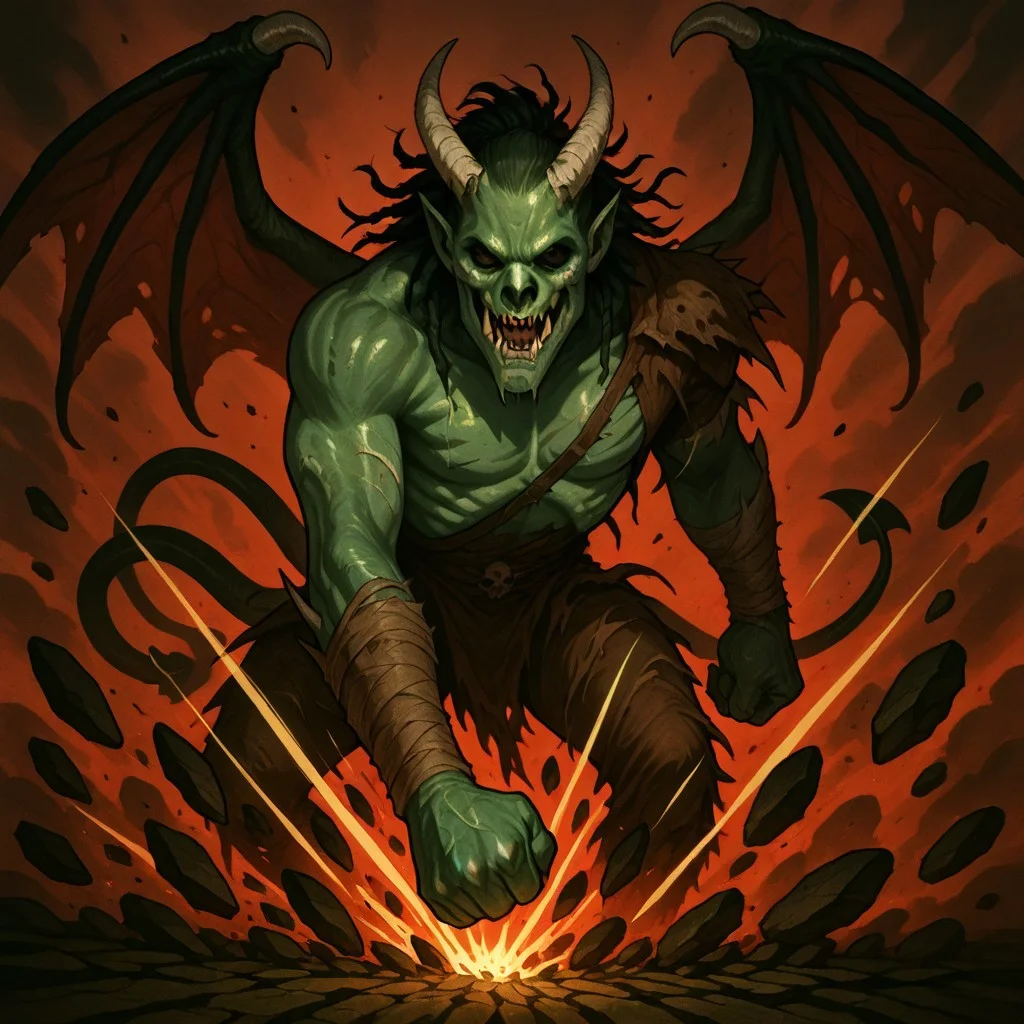 masterpiece, best quality, newest, absurdres, highres, ESPV1.0, punching, clenched hand, attack, rocks, 1boy, monster, monster boy, eldrich, eldrich horror, tentacles, green skin, green colored skin, tusks, fangs, sharp teeth, wings, demon wings, tail, demon, demon boy, unead, zombie, ribs, skull,