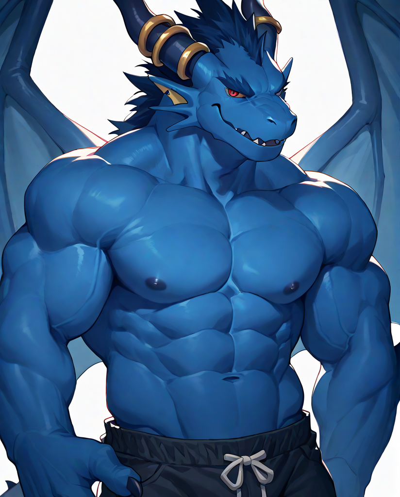 source_furry,score_9,score_8 up,score_7 up,score_6 up,male,anthro,furry,1boy,solo,blue_dragon,dragon,wings,horns,blue body,red eyes,muscles,muscular,bodybuilder,abs,pectorals,biceps,<lora:Blue_Dragon:1>,