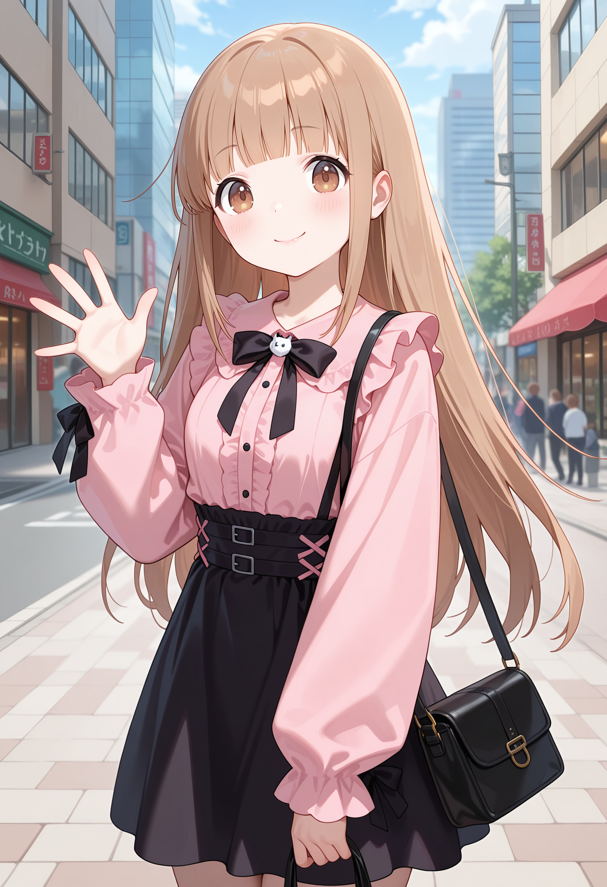 best quality, masterpiece, 1girl, aamiyano, long hair, brown hair, blunt bangs, brown eyes, <lora:miyano_(tanakeda)_ilxl_v1:0.9>, jirai kei, high-waist skirt, black skirt, shoulder bag, smile, waving, standing, cowboy shot, city, street,
