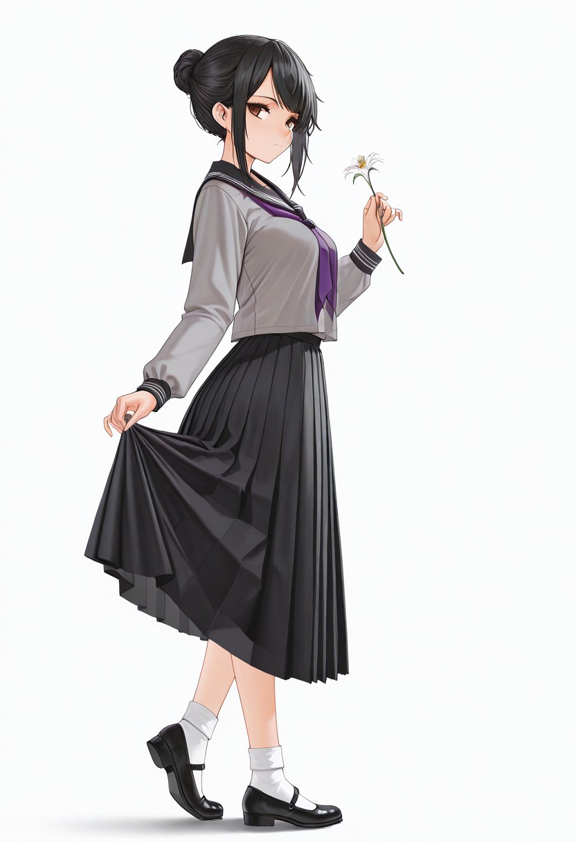masterpiece, best quality, very aesthetic, absurdres, 
1girl, full_body, solo, vanillaware, brown_eyes, black_hair, updo, single_hair_bun, swept_bangs, sidelocks, medium_breasts, school_uniform, serafuku, purple_neckerchief, blouse, grey_shirt, black_sailor_collar, long_sleeves, black_skirt, medium_skirt, pleated_skirt, white_socks, mary_janes, black_footwear, expressionless, closed_mouth, from_side, looking_at_viewer, standing_on_one_leg, skirt_hold, curtsey, twisted_torso, hand_up, holding_flower, simple_background, white_background, 
az-ys-il