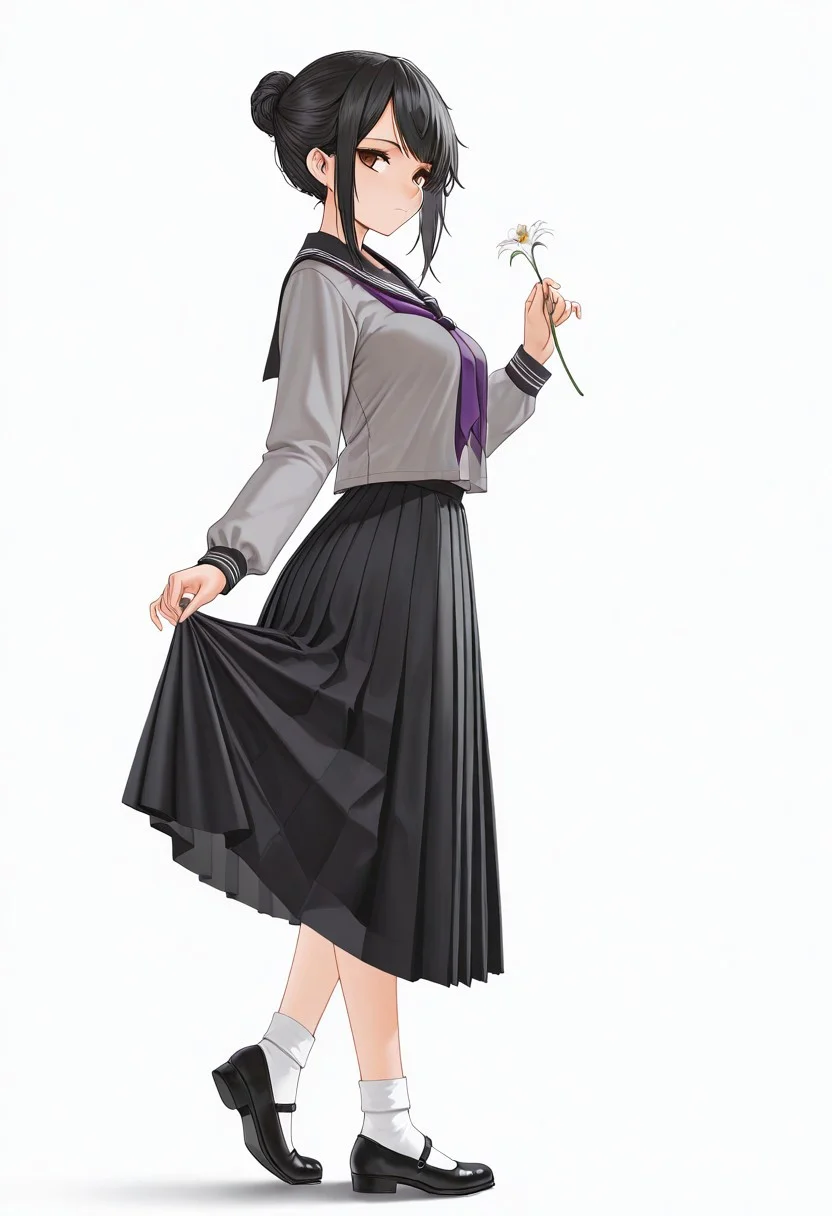 masterpiece, best quality, very aesthetic, absurdres,
1girl, full_body, solo, vanillaware, brown_eyes, black_hair, updo, single_hair_bun, swept_bangs, sidelocks, medium_breasts, school_uniform, serafuku, purple_neckerchief, blouse, grey_shirt, black_sailor_collar, long_sleeves, black_skirt, medium_skirt, pleated_skirt, white_socks, mary_janes, black_footwear, expressionless, closed_mouth, from_side, looking_at_viewer, standing_on_one_leg, skirt_hold, curtsey, twisted_torso, hand_up, holding_flower, simple_background, white_background,
az-ys-il