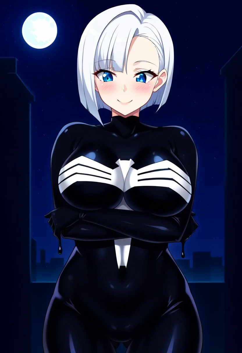 Masterpiece, High quality, anime style, solo, adult, perfect face, perfect eyes, adult, 1 girl, single, Woman,mature woman,anime_source, bodysuit, black suit, white spider symbol on chest, small black slime tentacles on suit, pointy fingers, Human face, blue eyes, White hair, short white undercut hair, blue eyes, big breasts, Standing, looking down, arms hugging underneath breasts, flustered face expression, eyes heavy open, soft smile, blushes, front view
apartment bedroom background, indoor, night time, night sky, buildings in background, bright moon, moon light