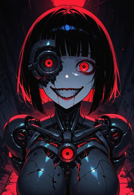 masterpiece, best quality, amazing quality,  high resolution,  robot girl, ((robot body)), robot joints,  large breasts, metal body, glowing red details, rim lighting, portrait, transparent body, vintage robot, damaged, robot head, inhuman head, creepy sexy, dangerous,  from angle, small waist, horror, falling apart, abandoned, shredded, crazy smile, broken head, angular, DRKWB, blunt cut hair