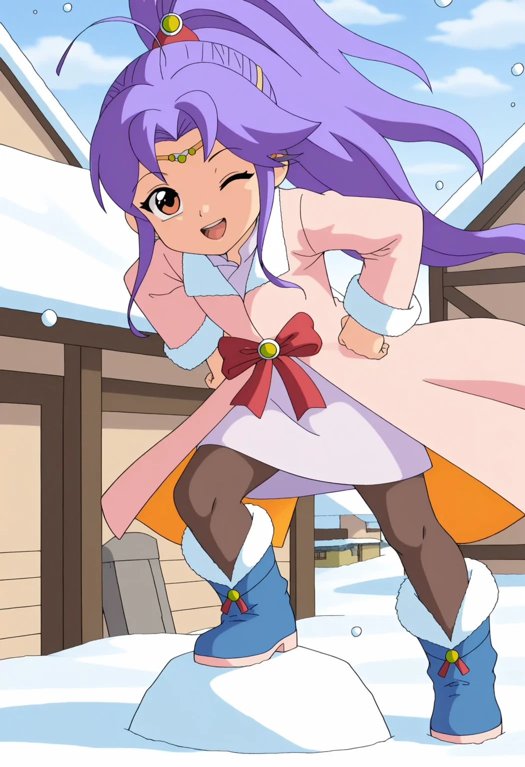 <lora:åå¥éª1:1>,
axue1,1girl,solo,long hair,bow,brown eyes,coat,full body,ponytail,purple hair,ahoge,pantyhose,sidelocks,boots,fur trim,high ponytail,blue footwear,village,snow,snowing,foot on the stone,looking_at_viewer,hands_on_hips,;d,, masterpiece,best quality,amazing quality,anime coloring,anime screencap