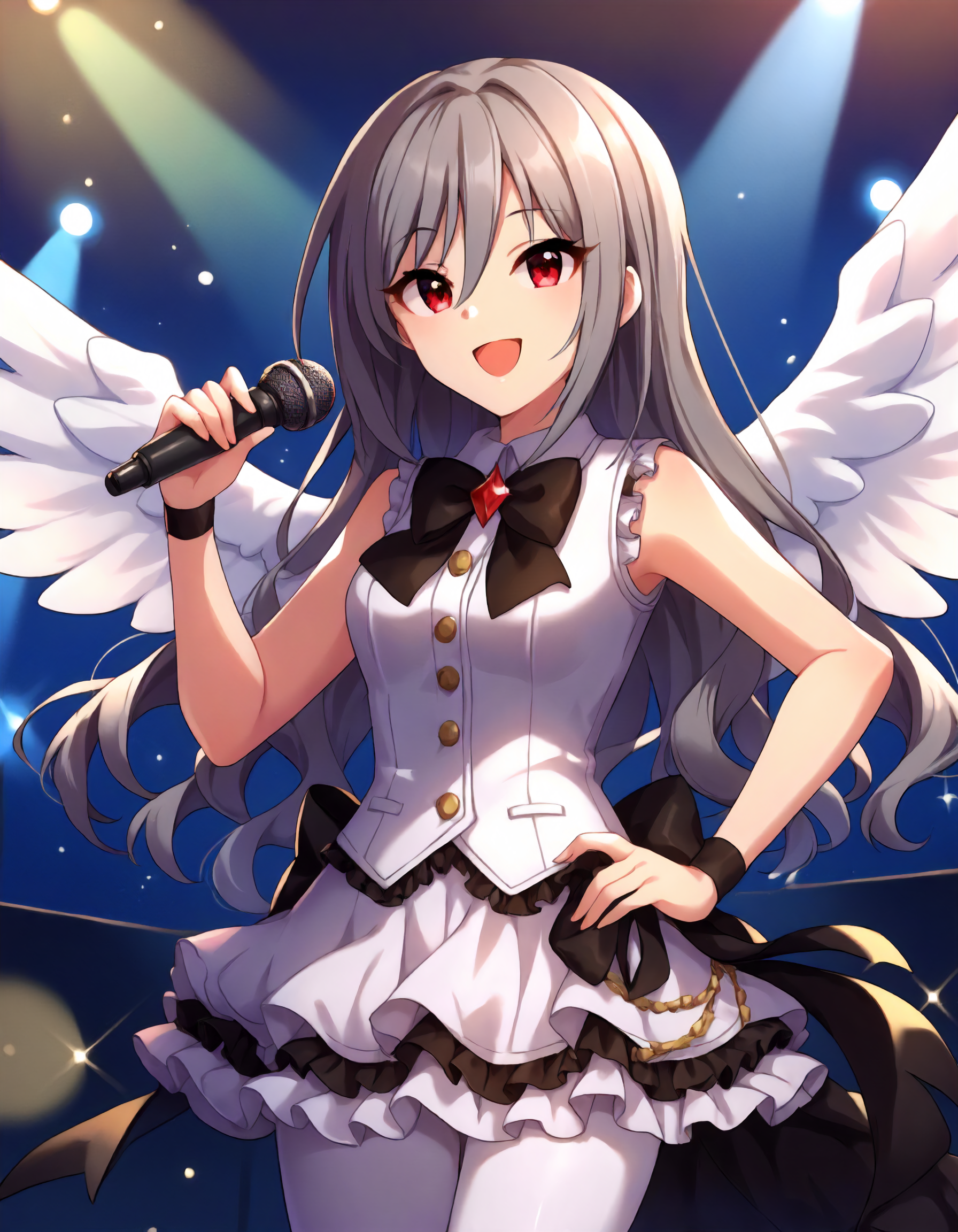 score_9,score_8_up,score_7_up,1girl,solo,cowboy shot,looking at viewer,smile,open mouth,holding microphone,stage lights,
<lora:kanzakiranko_ponyXLV6:0.8>,cgkrk,
grey hair,long hair,hair between eyes,red eyes,
white wings,black bow,white vest,frilled vest,frilled skirt,white leggings