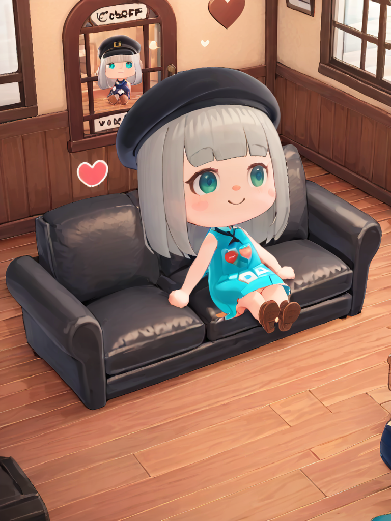 <lora:dongsen_xl:1>,chibi, 1girl, solo, hat, sitting, heart, smile, blue eyes, black headwear, long hair, blush stickers, indoors, sleeveless, grey hair, wooden floor, dress, bangs, shoes, blunt bangs, brown footwear, window, aqua eyes, shirt, clothes writing, full body, blue dress