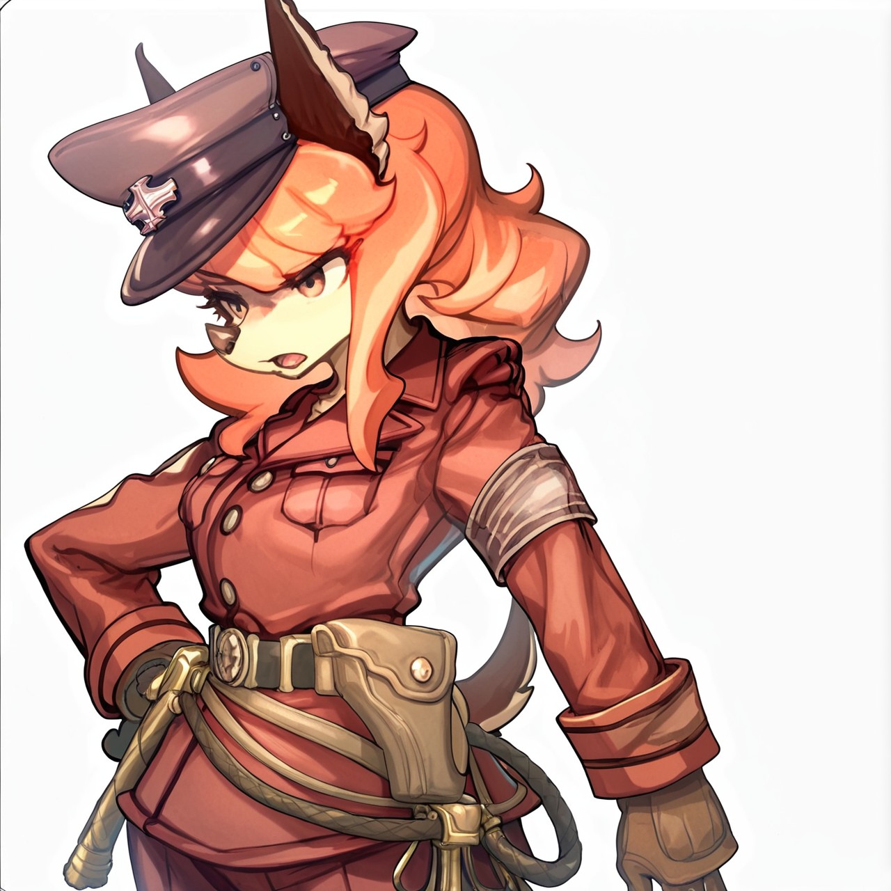score_9,score_8,score_7,source_furry,
<solo:1.5>,
<1girl:1.5>,
flam_kish, dog girl, flam_fuga, red hair, 
official style, official art,
( art by kurokoshou (emuburemu123) ) ,,
flam_kish_fuga, flam_kish, flam_fuga, dog girl, official art, official style, 1girl, solo, hat, hand on hip, gloves, uniform, horns, belt, furry, long hair, white background, military, gun, military uniform, pouch, furry female, open mouth, simple background, buttons, military hat, armband, long sleeves, weapon, orange hair, peaked cap, animal ears,
 <lora:Flam_Kish_Fuga:1> flam_kish