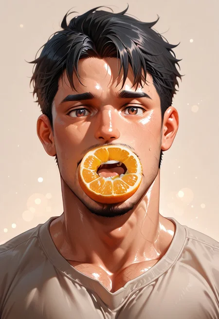 masterpiece, best quality, amazing quality, absurdres, newest, detailed background, definition so sharp, Ultra-HD, 8K cinematic, very awa, impressionate, amazing quality, highres, simple background, abstract,
solo, male focus, manly, shadow, shiny skin, pastel colors, soft coloring, bokeh,
orange peel, BREAK torithor, (1boy, bara, short hair, black hair, brown eyes, facial hair), extream close-up, casual clothes, excited, cheerfull, orange \(fruit\), <lora:Orange_Peel:0.8>