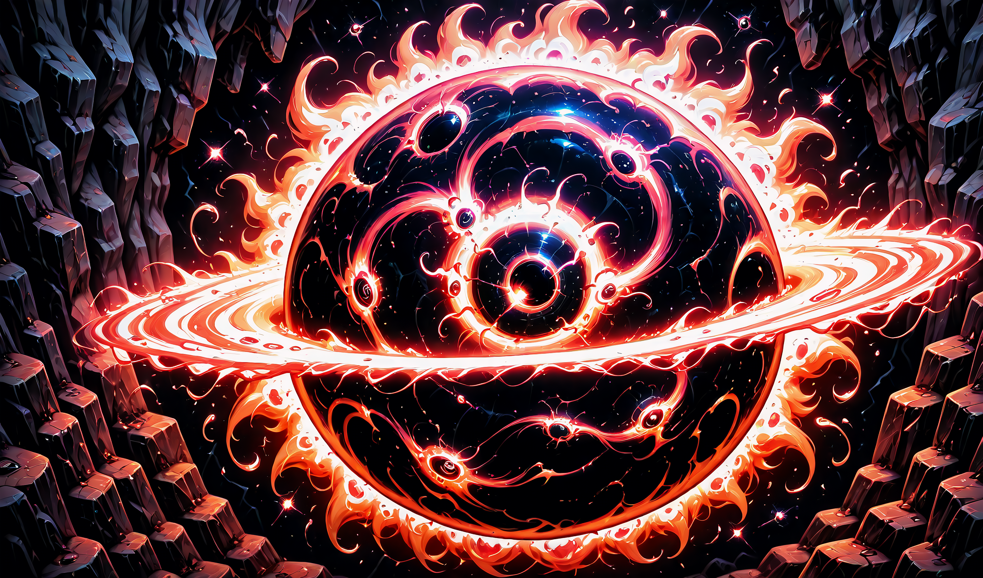 profile view, impossibly prismatic, collapsing into a black hole, warping space, fibonacci patterns, transcendent art, five-dimensional, abstract entropic curtailment, visual music, geometric collapse, catastrophic time dilation, 