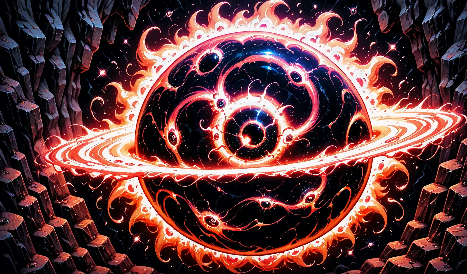 profile view, impossibly prismatic, collapsing into a black hole, warping space, fibonacci patterns, transcendent art, five-dimensional, abstract entropic curtailment, visual music, geometric collapse, catastrophic time dilation,