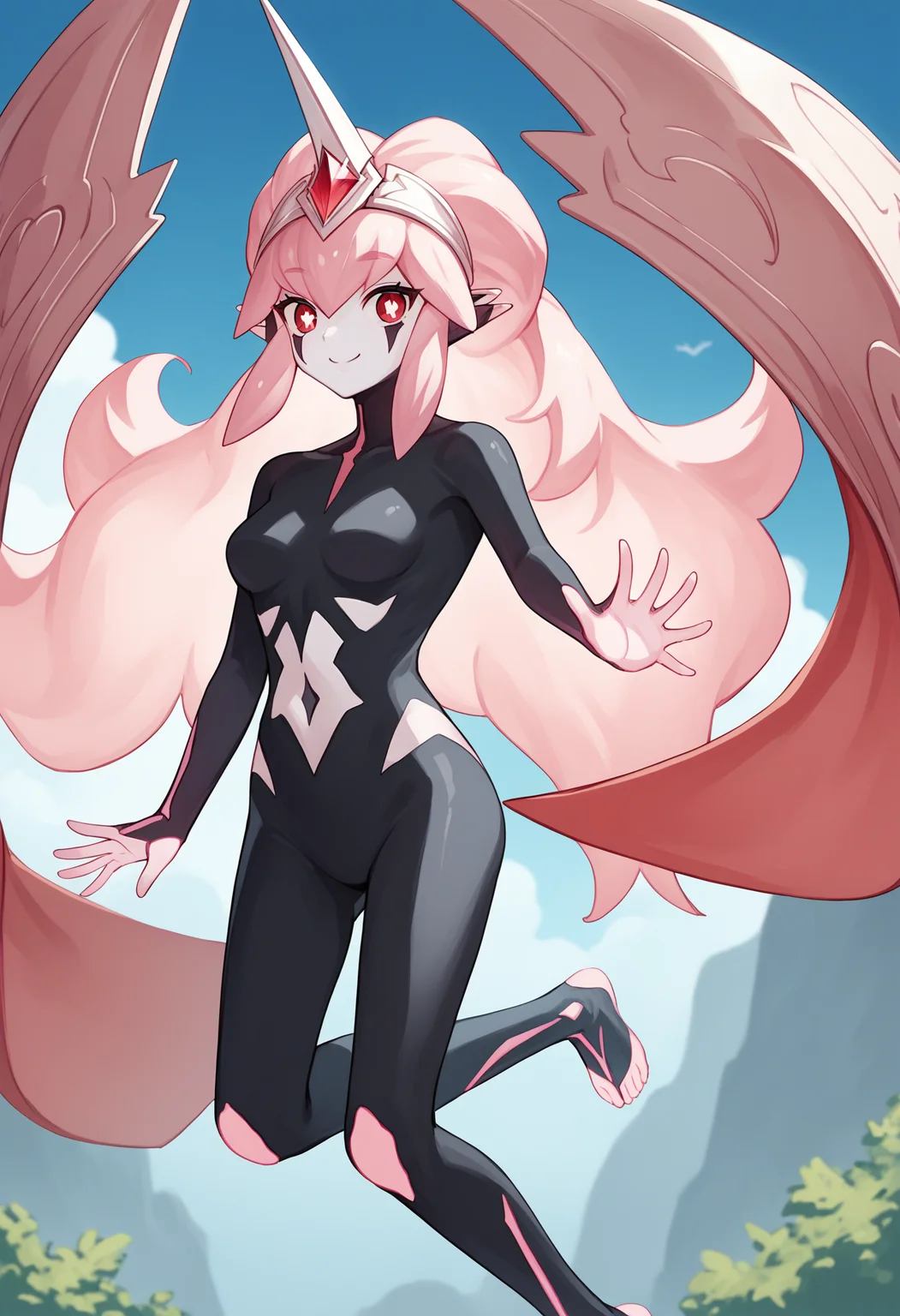 score_9, score_8_up, score_7_up, source_anime, rating_explicit,
BREAK
1girl, solo,
<lora:shiCenturonTruedaV1:1.0>, shitrudeadef, long hair, red eyes, pink hair,
pointy ears, black bodysuit, navel, colored skin, medium breasts, bright pupils, duel monster,
looking at viewer, smile, waving, floating,
outdoors, blue sky,
