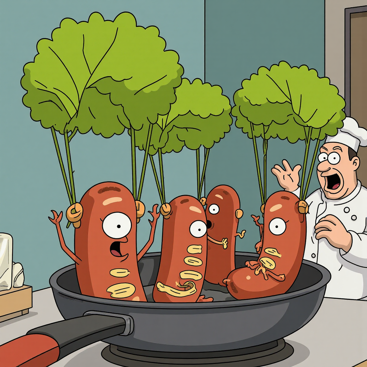 A group of sausages escaping from a frying pan using parachutes made from lettuce leaves, with a panicked chef in the background, cartoon