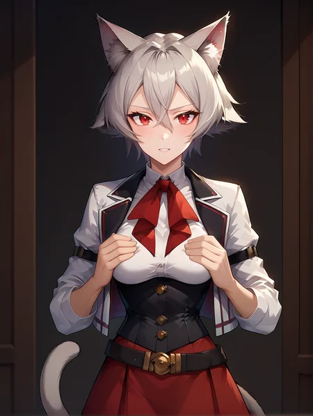 score_9, score_8_up, score_7_up, source_anime
1girl,
linia dedoldia, red eyes, short hair, grey hair, hair between eyes, animal ears, cat tail, animal ear fluff,
red skirt, black corset, white shirt, white jacket, red ribbon, bow, buttons, boots, white socks, belt, cropped jacket
medium breasts, standing, upper body, hands on chest, brest grab
<lora:Expressive_H:0.2> <lora:housechores-guy-PONYv1:0.4> <lora:linia dedoldia 0.1:0.9>