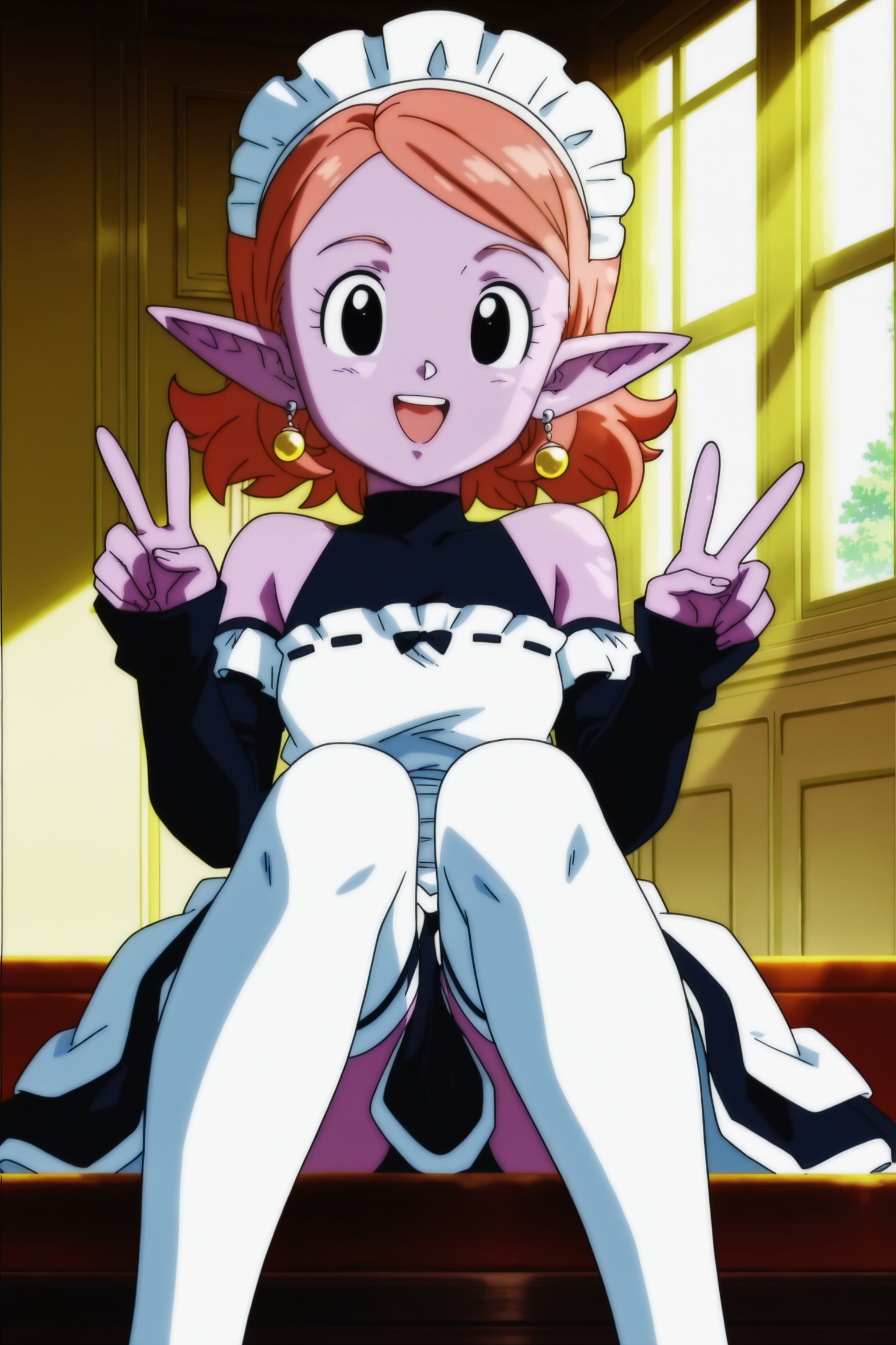 anime screencap, masterpiece, best quality, amazing quality, very aesthetic, absurdres,  newest, (scenery, volumetric lighting),
chronoa, 1girl, solo, bare shoulders, potara earrings, orange hair, pointy ears, black eyes, colored skin, purple skin, official style, maid headdress, maid, thighhighs, double v, happy, indoors, mansion, sitting, dappled sunlight, short hair,
<lora:Chronoa_IL:0.8>