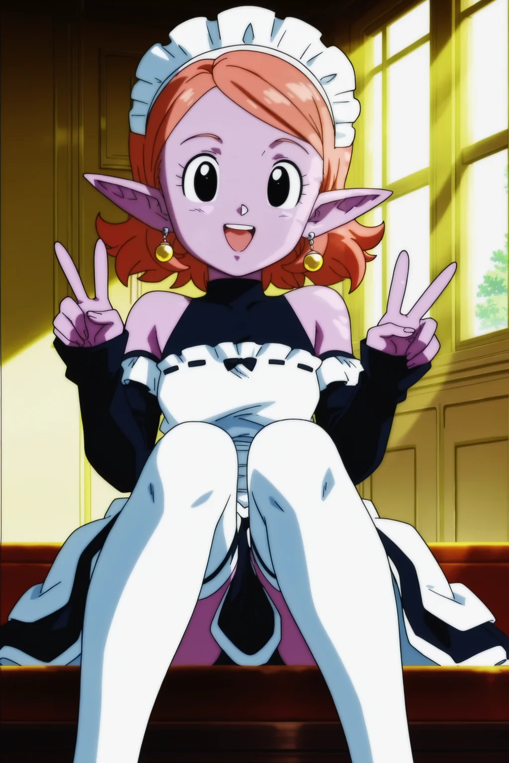 anime screencap, masterpiece, best quality, amazing quality, very aesthetic, absurdres, newest, (scenery, volumetric lighting),
chronoa, 1girl, solo, bare shoulders, potara earrings, orange hair, pointy ears, black eyes, colored skin, purple skin, official style, maid headdress, maid, thighhighs, double v, happy, indoors, mansion, sitting, dappled sunlight, short hair,
<lora:Chronoa_IL:0.8>