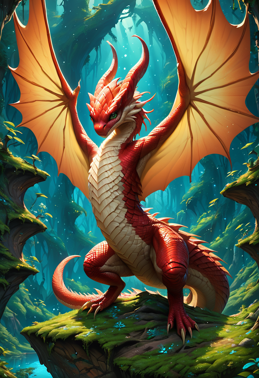 score_9, score_8_up, score_7_up, score_6_up, score_5_up, score_4_up, extremely detailed, furry, snakegirl, scales, (detailed face), reflection, (fantasy enchanted rainforest background, overlooking cliff, particles, lots of details), sharp focus,