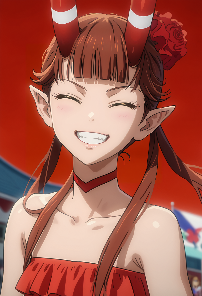 score_7_up, anime screencap,
<lora:C -Control_MashuXL:0.9>, MashuC,
1girl, open mouth, grin, teeth,
twintails, brown hair, blunt bangs, closed eyes, pointy ears, horns, hair flower,
red choker, strapless, red tube top, midriff, red gloves,
standing, facing viewer, close-up,
(red sky:1.2), blurry background