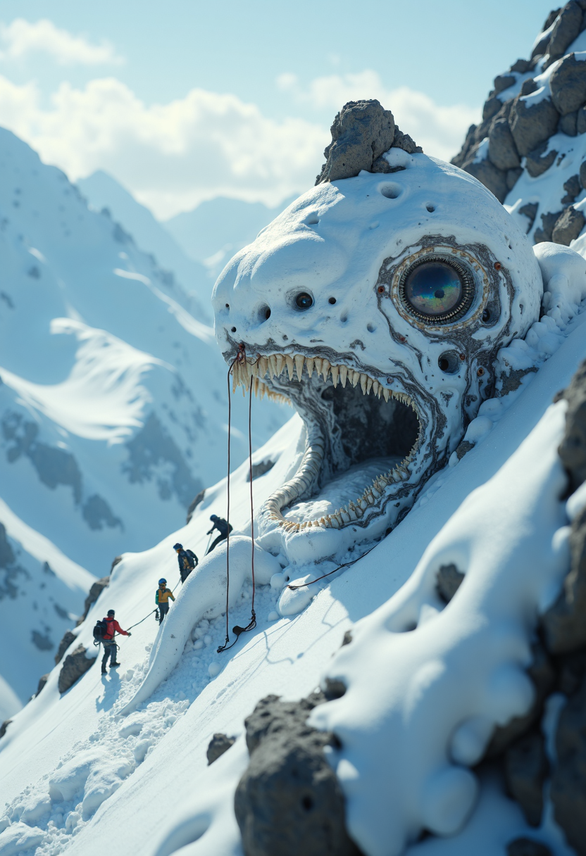cinematic film still photorealistic, on snow-white mountain, (human jaw and teeth only:1.1), no face, coming out of rock,  people - climbers-welders-builders fixing braces, micro-world, macro photography, minimalism, aesthetically pleasing, detailed, close-up, art . shallow depth of field, vignette, highly detailed, high budget, bokeh, cinemascope, moody, epic, gorgeous, film grain, grainy