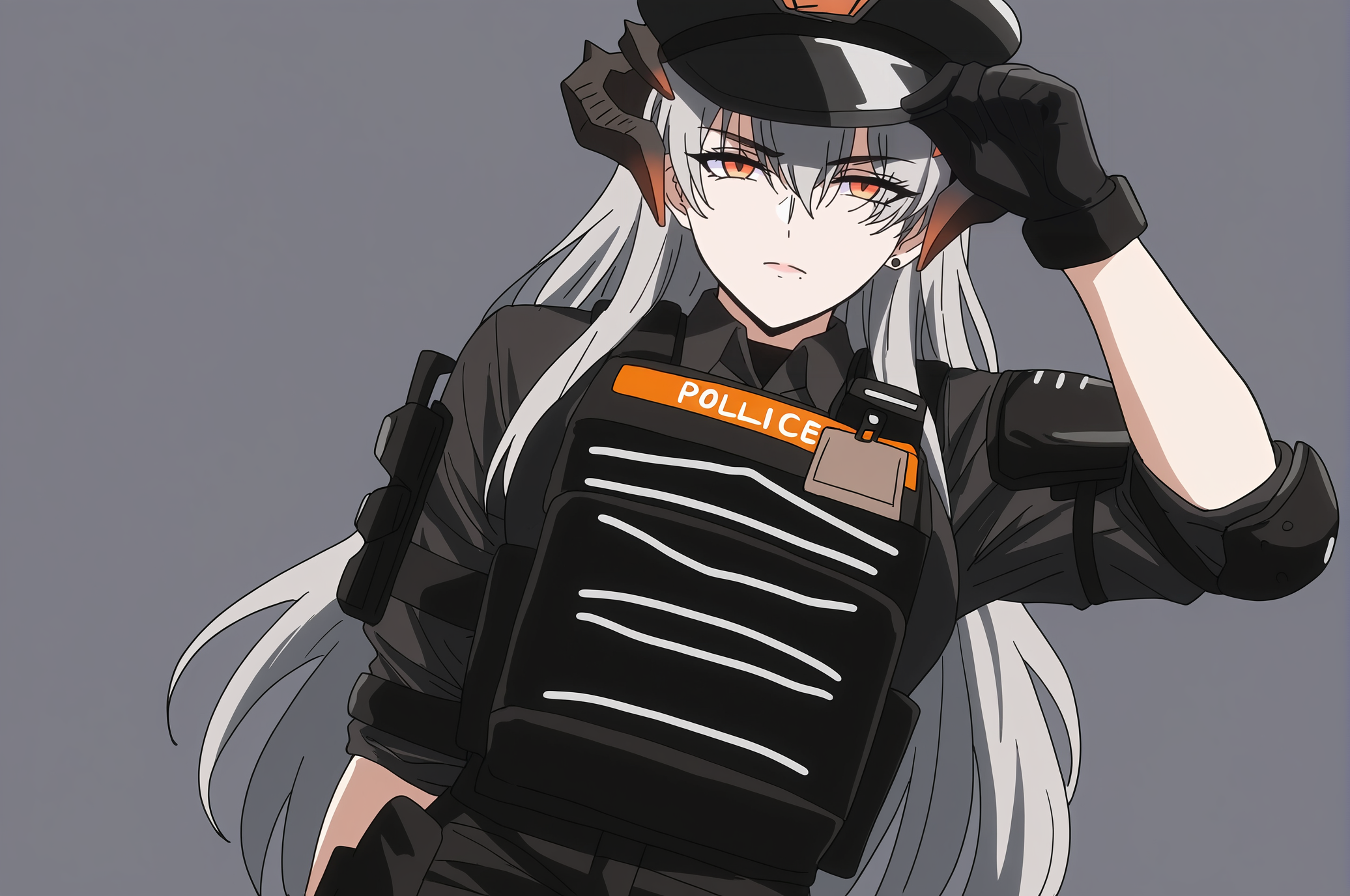 1girl, saria (arknights), saria (the law) (arknights), adjusting clothes, adjusting headwear, arm up, black gloves, black hat, black shirt, bulletproof vest, closed mouth, collared shirt, dragon horns, eyes visible through hair, gloves, grey hair, hat, horns, long hair, looking at viewer, official alternate costume, orange eyes, police hat, shirt, simple background, solo, uniform, upper body, white hat,
<lora:taimanin_anime_style:1>,taimanin_anime_style,masterpiece,best quality,cowboy shot,mature female,dutch angle,curvy,thicc thighs,cleft of venus,venus body,