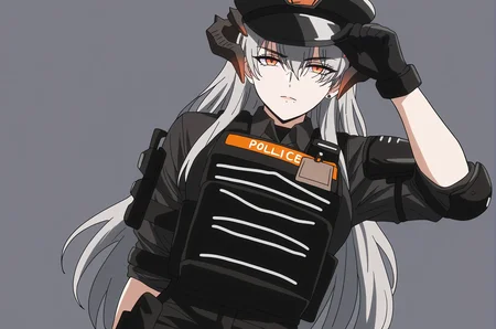 1girl, saria (arknights), saria (the law) (arknights), adjusting clothes, adjusting headwear, arm up, black gloves, black hat, black shirt, bulletproof vest, closed mouth, collared shirt, dragon horns, eyes visible through hair, gloves, grey hair, hat, horns, long hair, looking at viewer, official alternate costume, orange eyes, police hat, shirt, simple background, solo, uniform, upper body, white hat,
<lora:taimanin_anime_style:1>,taimanin_anime_style,masterpiece,best quality,cowboy shot,mature female,dutch angle,curvy,thicc thighs,cleft of venus,venus body,