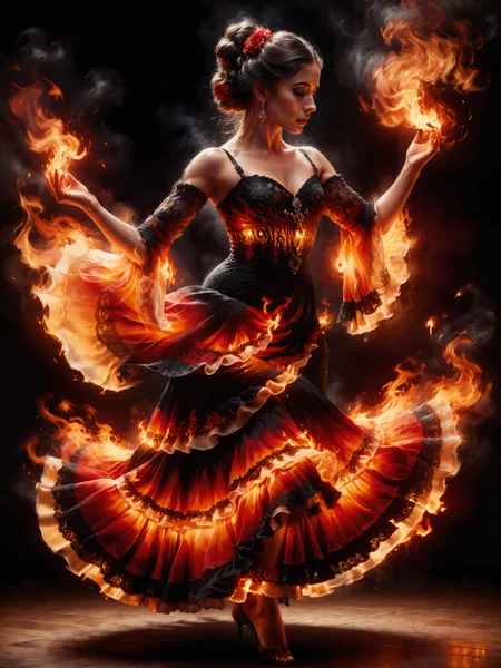 poster art, famous artwork by andrew atroshenko and artgerm and rembrandt and frank frazetta, a stunningly beautiful young spanish female flamenco dancer wearing an ornate dress made of blazing fire, dancing, dramatic flamenco pose, sss, subsurface scattering, ral-dissolve, translucent fire element, blazing flames, intricate fabric, (perfect hands:1.4), closed eyes, dark makeup, dramatic, ultra detailed, overall_detail-xl-by_kaleidia <lora:add-detail-xl:2.0> <lora:more_artful-xl:0.6> <lora:special_effects-fire_element-xl-by_shan_bailing:0.8> <lora:subsurface_scattering_aka_what_does_the_snake_say-xl-by_ajuro:1.0> <lora:style-dissolve-sdxl-by_ralfinger:0.5> <lora:envybetterhiresfixxl01-xl:0.0:hr=1.0>
