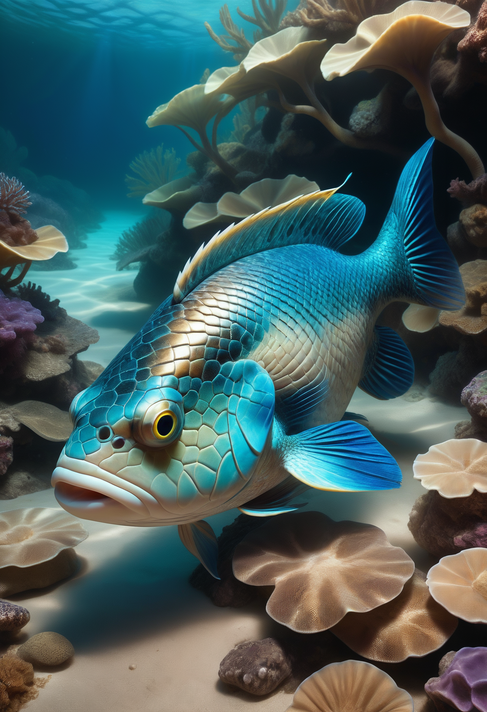 Jed-snkskn, Shabby Parrotfish, soft focus, Cel shaded, Peaceful, behance, symbolism, relaxing, <lora:SnakeSkinStyle:0.7>, warm light, magic atmosphere, very coherent, fine detail, advanced cinematic perfect light, highly intricate, pure, artistic