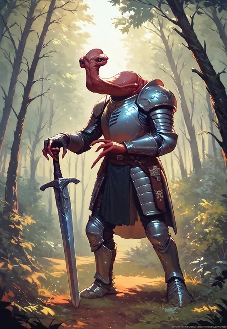 score_9, score_8_up, score_7_up, ithorian hammerhead alien, plate armor, knight armor, holding sword, planted sword, forest background, dark forest,