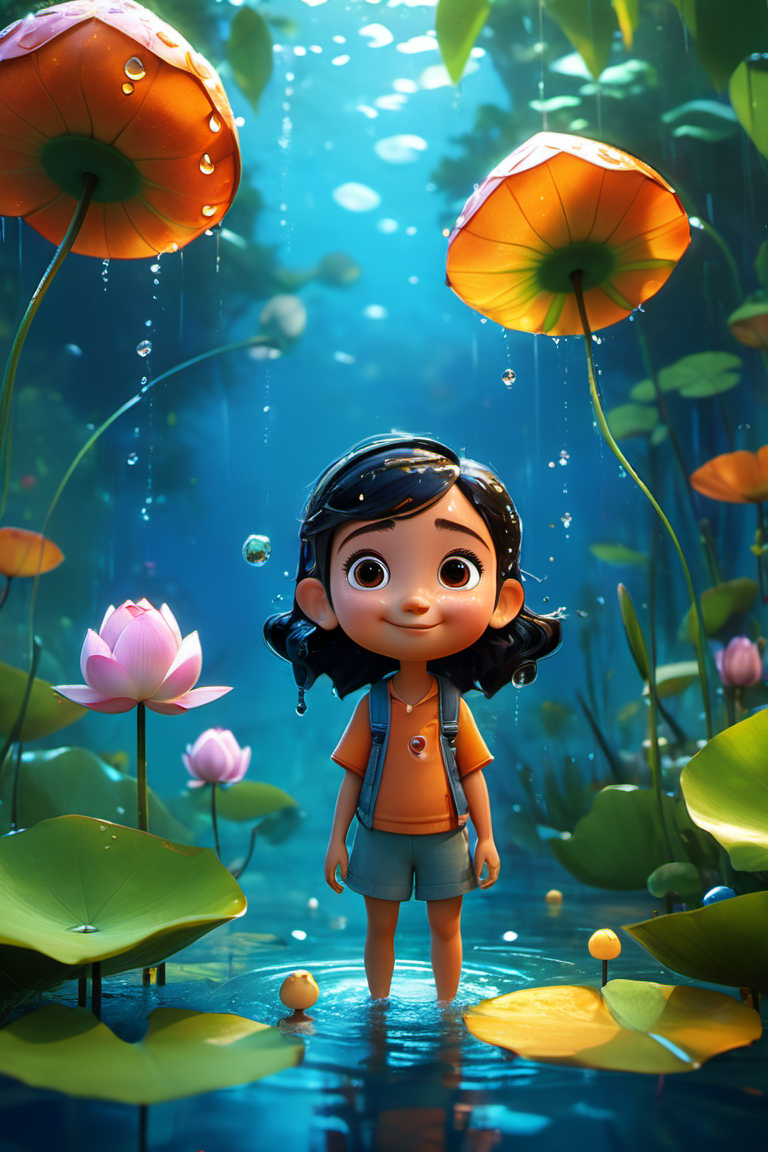 <lora:xl_more_art-full_v1:1>,cinematic film still style of Pixar,(and simple geometric forms while exuding a lighthearted and visually impactful Pixar charm),(combined with geometric forms),(and a focus on unity. The modern digital painting captures the essence of hybrid creatures),
in the style of cute and dreamy,backlight,colorful caricature,rain,summer pond,lotus leaf,lotus,((water drops)),wet clothes,((beautiful detailed water)),dynamic angle,smug,crazy_smile,naughty_face,
(((masterpiece))),(best quality),((ultra-detailed)),Photorealistic,16K,high detail,high resolution . shallow depth of field,vignette,highly detailed,high budget,bokeh,cinemascope,moody,epic,gorgeous,film grain,grainy,