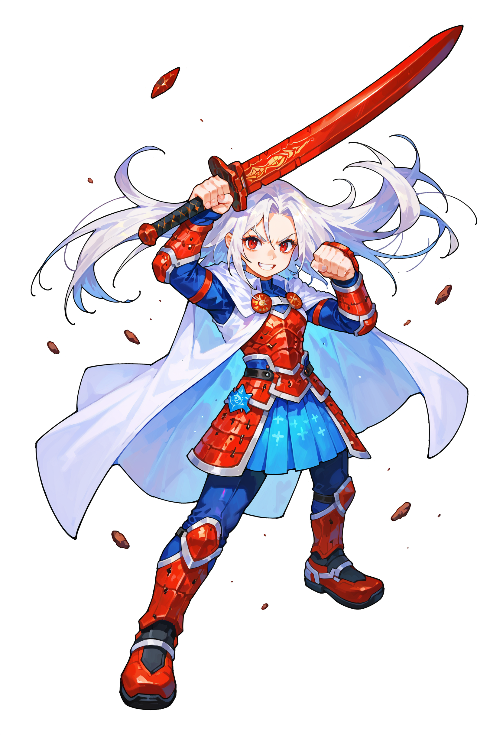score_9, score_8_up, score_7_up, score_6_up, score_5_up, score_4_up, source_anime, sensitive, full body, 
1girl, white hair, simple background, white background, standing, smile, fighting stance, red armor, long Boost, pyrokinesis, holding sword, white cloak, long long hair, 
<lora:tianwaiXLP6lokrV53P1T1-000208:0.6>