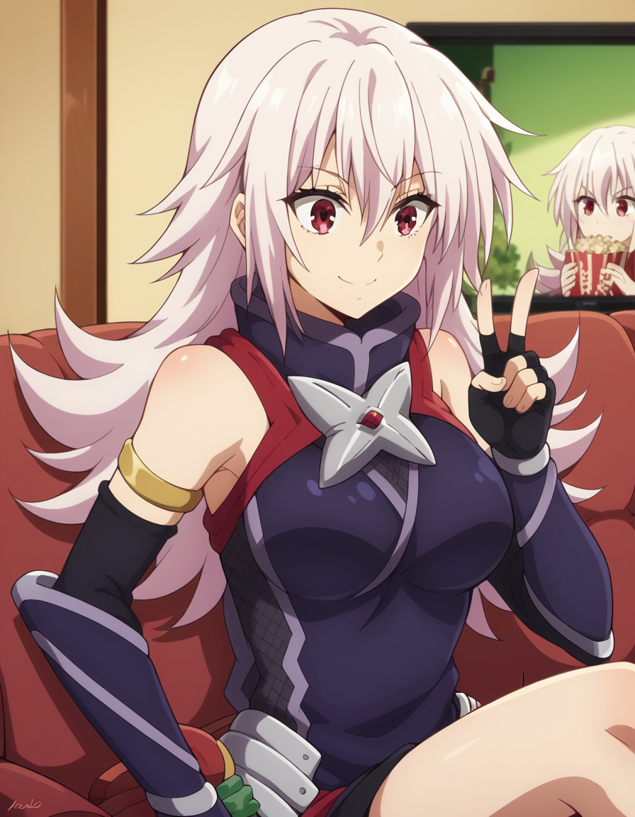 score_9, score_8_up, score_7_up, source_anime, <lora:matsuri-kazamaki-s1-v2-ponyxl-lora-nochekaiser:1>, matsuri kazamaki, long hair, red eyes, pink hair, hair between eyes, sidelocks, large breasts,, gloves, bare shoulders, black gloves, elbow gloves, fingerless gloves, ninja, living room, television, couch, popcorn, watching movie, night time, sitting,, smile, , v,, solo,, cowboy shot, dutch angle,