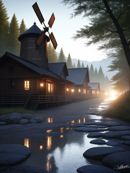 masterpiece, best quality, amazing quality embedding:my\WaiIL25PosD scenery still life windmill river village in background <lora:SPOl_10ep_4k><lora:zy_Realism_Enhancer_v1>